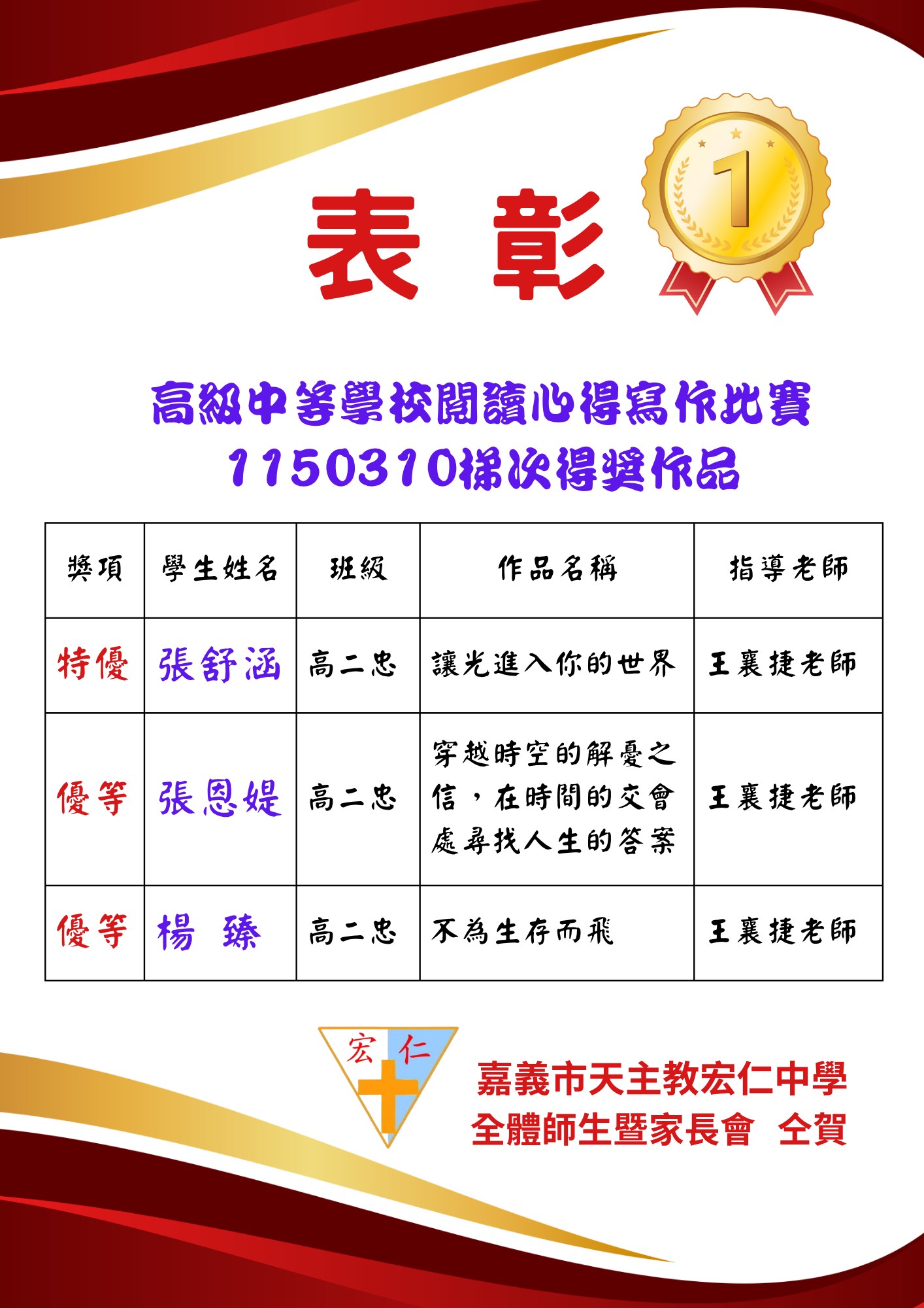 賀~本校高中部學生參加閱讀心得寫作比賽1150310梯次榮獲《特優》和《優等》🎉🎉🎉